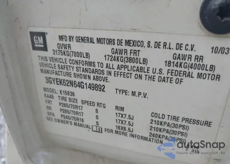 2004 Cadillac Escalade Ext Standard z USA, uszkodzony, nr VIN 3GYEK62N64G149892